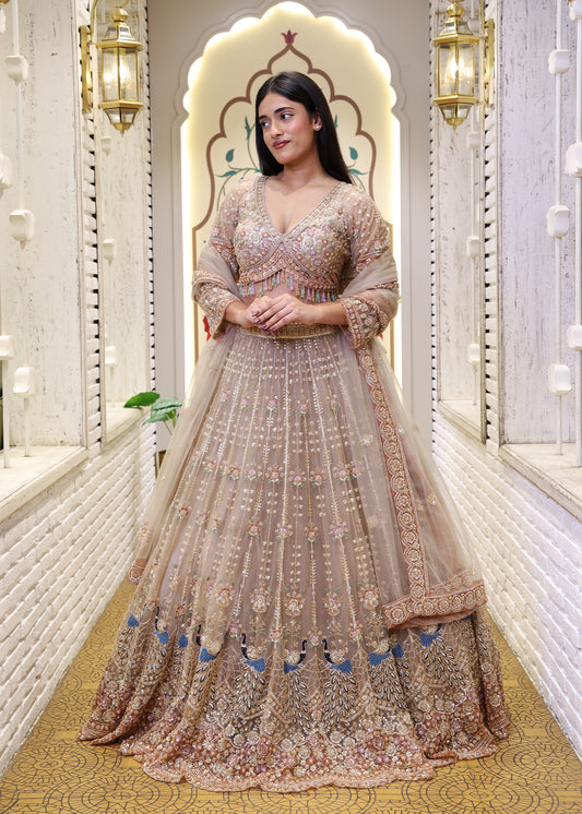 Meenal Golden Hand Embroidered Lehenga with Stitched Blouse