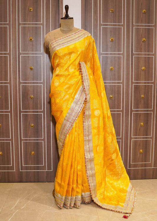 Yellow Tissue Weaving Saree with Gota Lace and Unstitched Blouse