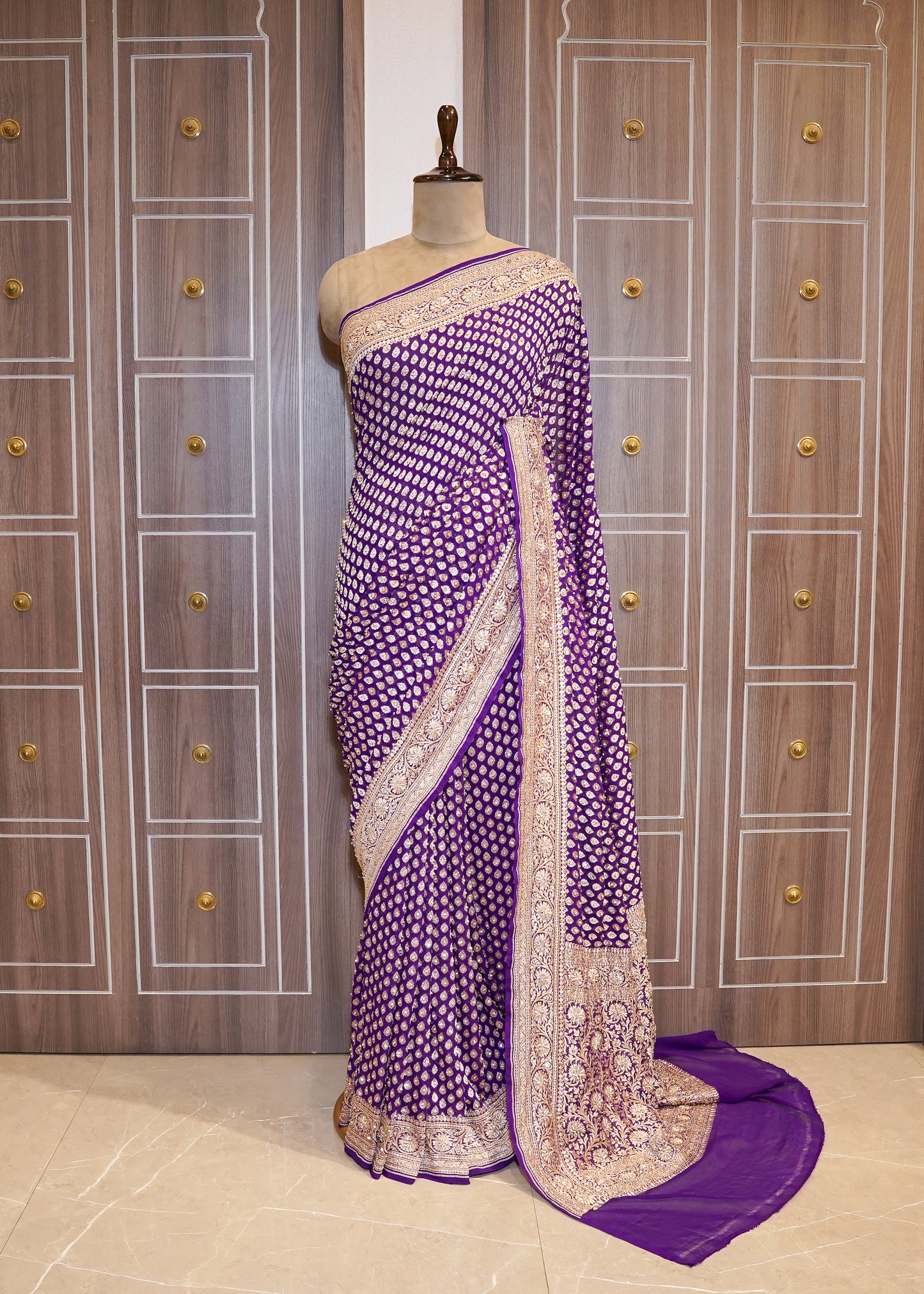 Bright Purple khadi Georgette Booti Saree with Zardozi Embroidery