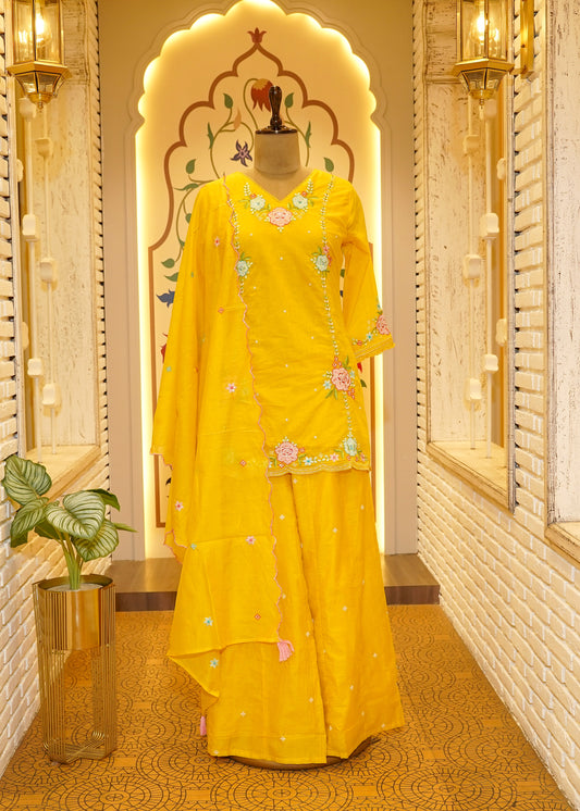 Kudi Yellow Short Kurta Stitched Suit Set