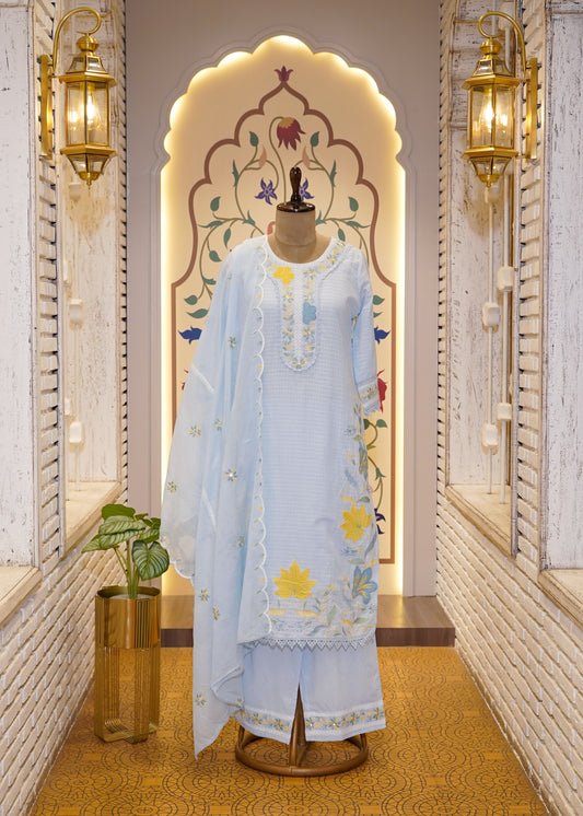 Powder Blue Check Cotton 3 pc Kurti Set