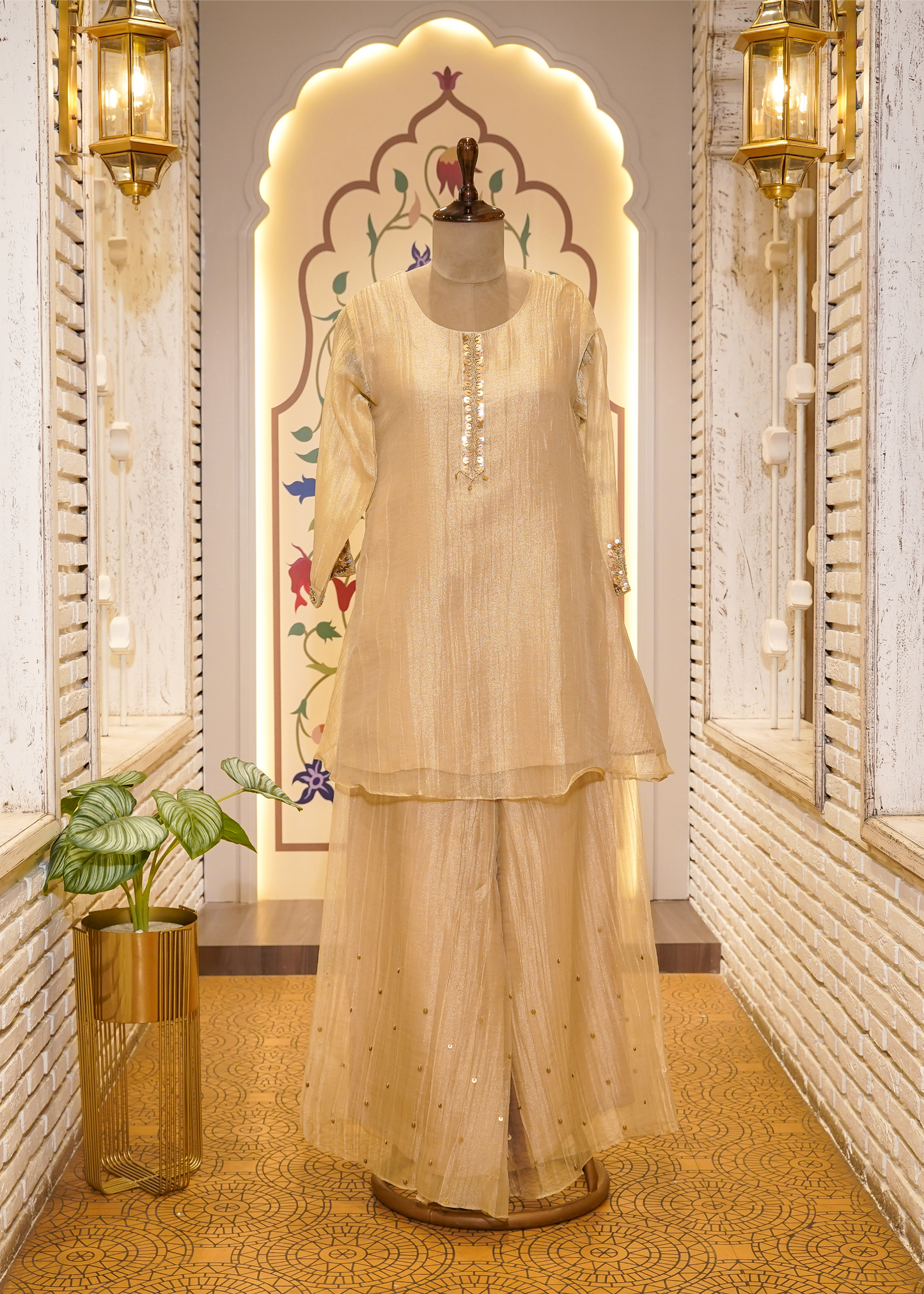 Beige Tissue Hand Embellished Short Shirt & Sharara Co-ord Set