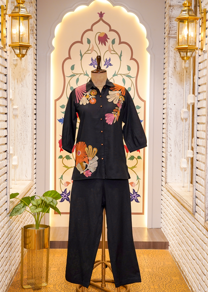 Black Cotton Co-ord Set with Floral Thread Embroidery