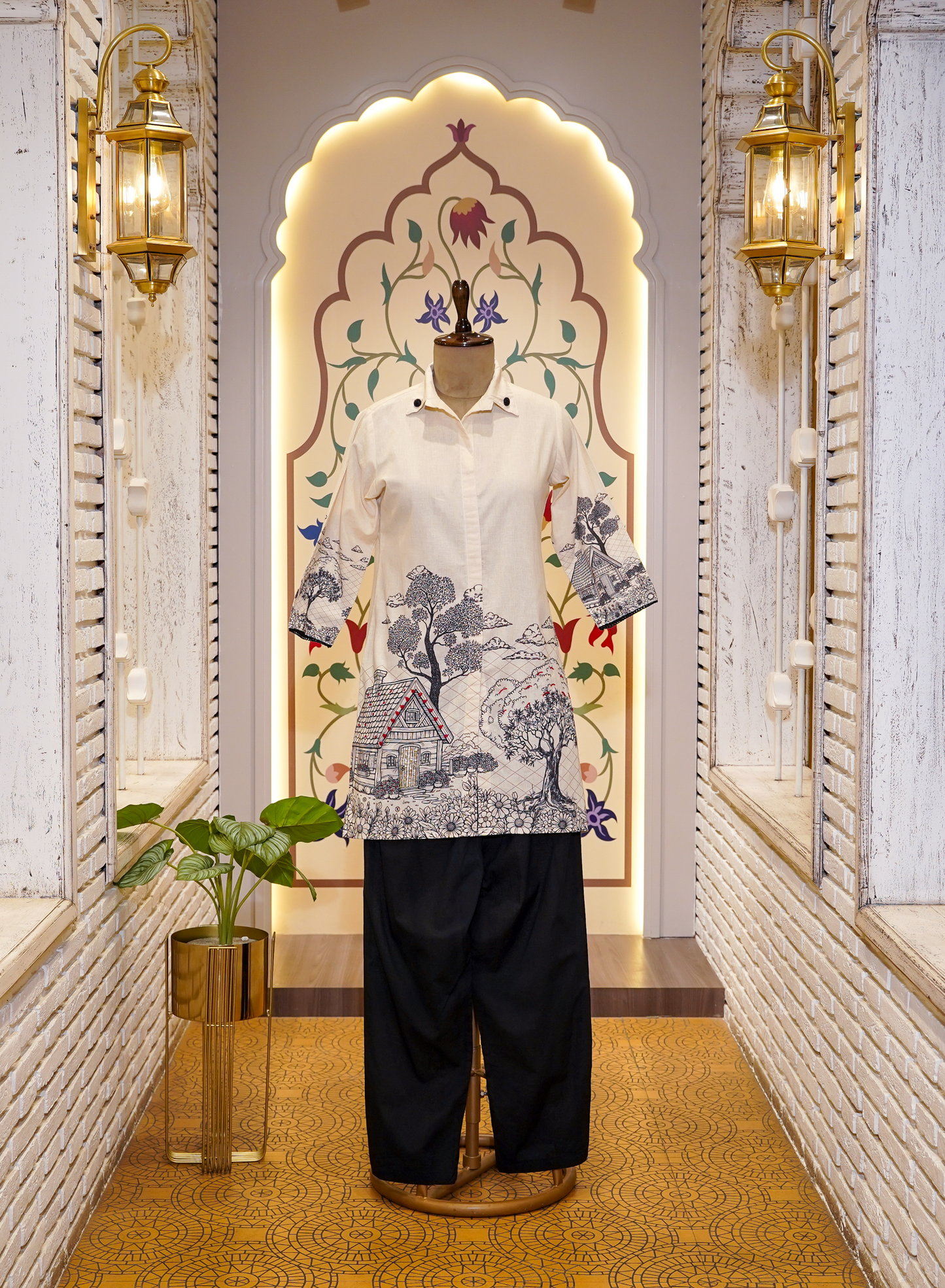 Cream Cotton Printed Co-ord Set with Collars and Black Bottom
