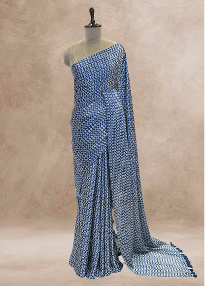 Blue Printed Modal Crepe Saree with Unstitched Blouse