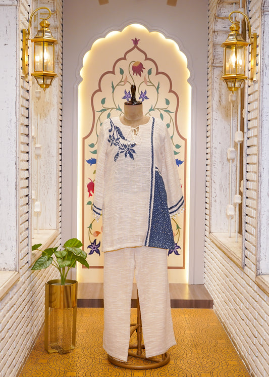 Ivory & Blue Cotton Jute Co-ord Set with Applique Embroidery