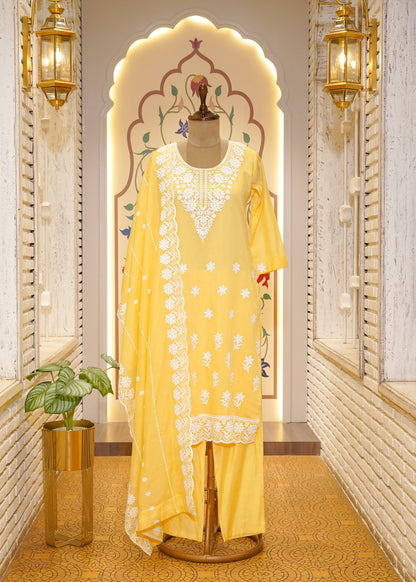 Yellow Thread Embroidered 3 pc Kurti Set