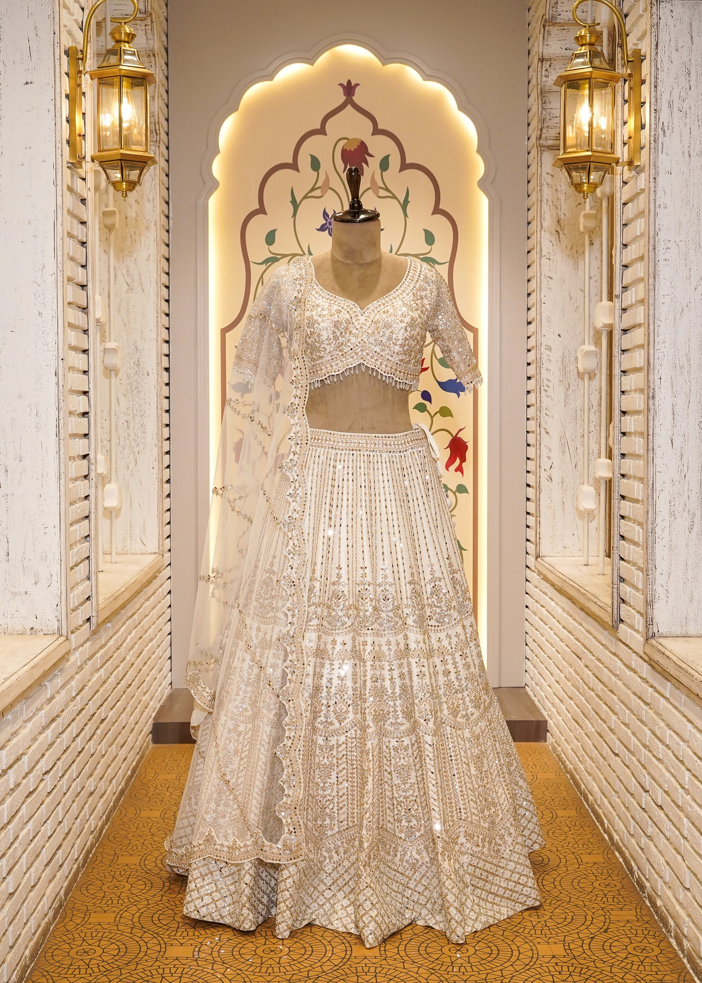 Ivory Silk Mirror Embroidered Half Sleeves Crop Top Skirt Set