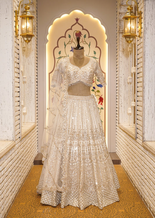 Ivory Silk Mirror Embroidered Half Sleeves Crop Top Skirt Set