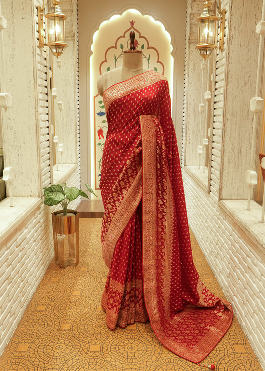 Ruhani Mehroon Booti Embroidered Dola Silk Saree with Unstitched Blouse
