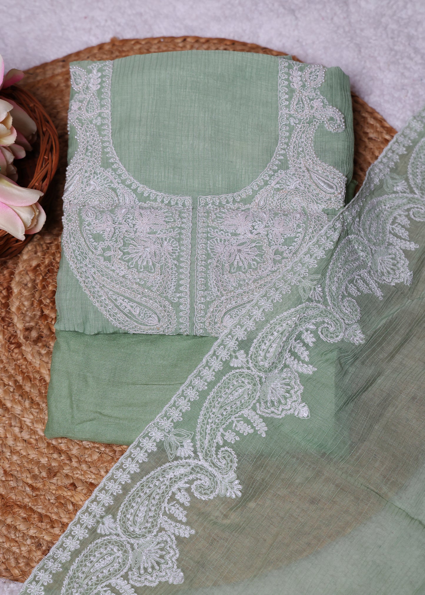 Pranika Green & White Unstitched Suit set