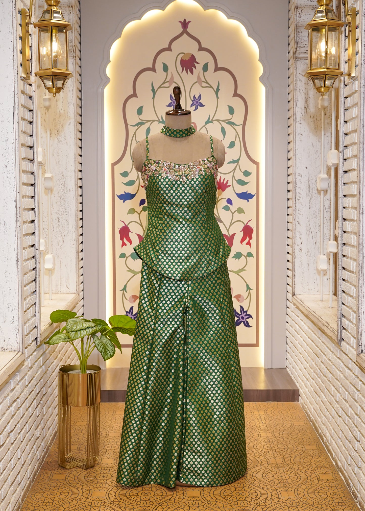 Green Brocade Silk Hand Embroidered Peplum & Plazo Set with Choker Dupatta