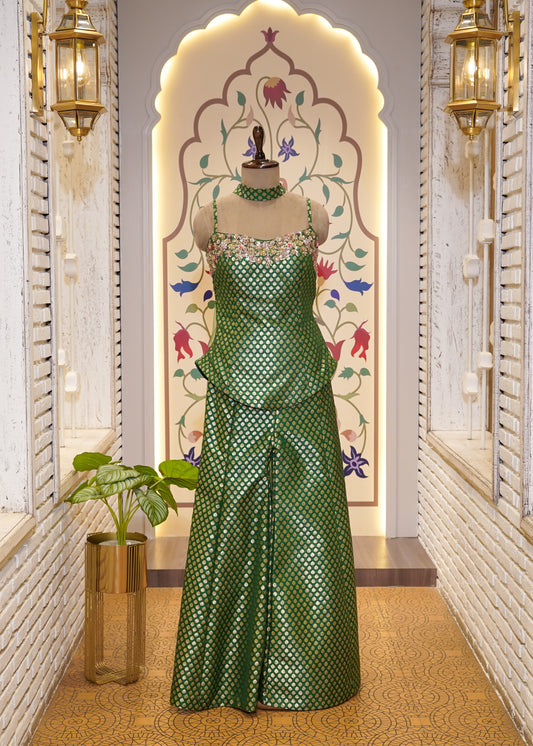 Green Brocade Silk Hand Embroidered Peplum & Plazo Set with Choker Dupatta