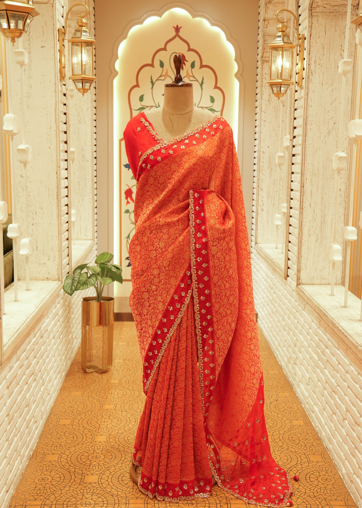 Mehrunissa Bright Orange-Red Banarasi Silk Saree with Stitched Blouse