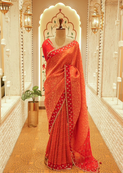 Mehrunissa Bright Orange-Red Banarasi Silk Saree with Stitched Blouse