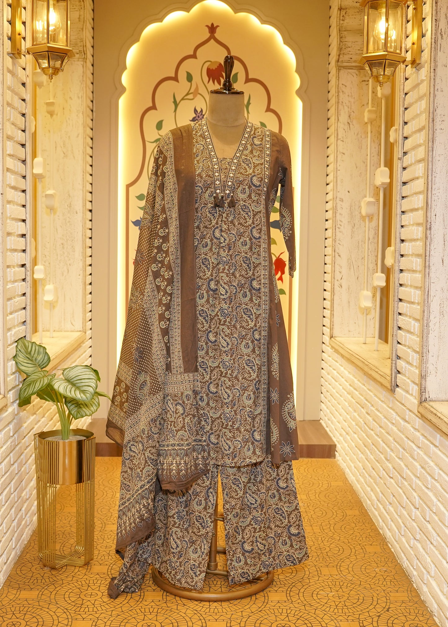 Saanjh Mirror Neckline Brown Stitched Suit Set
