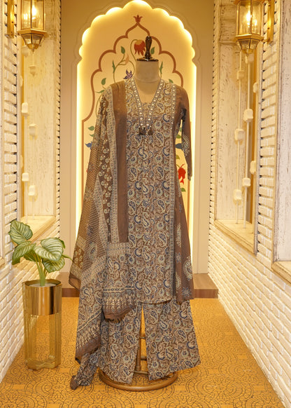 Saanjh Mirror Neckline Brown Stitched Suit Set