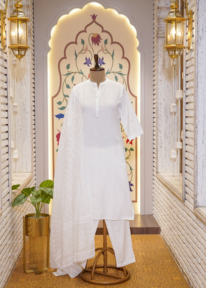 White Cotton 3 pc Kurti Set