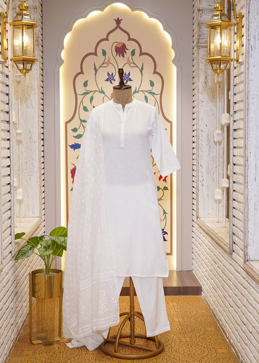 White Cotton 3 pc Kurti Set