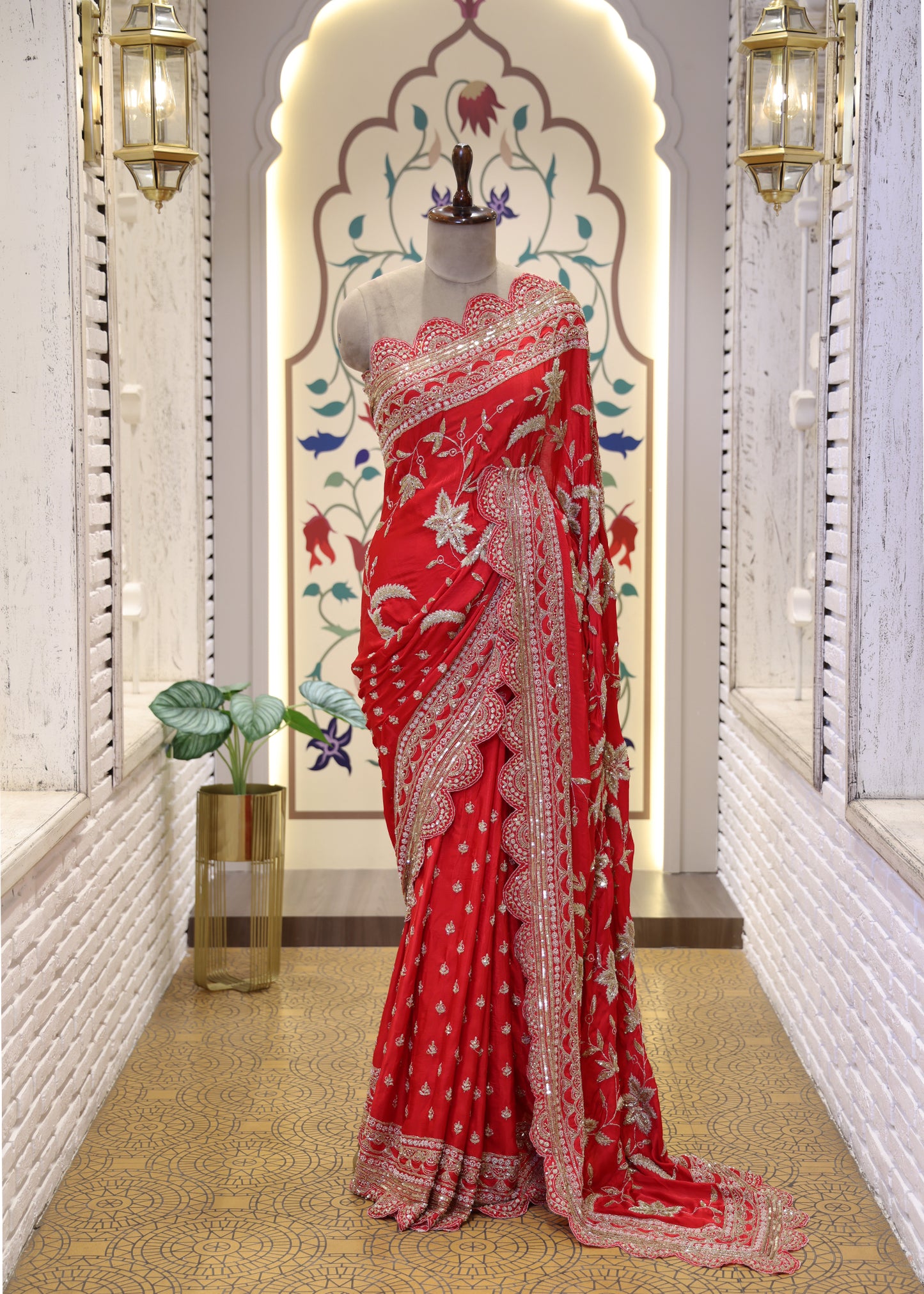 Gulzaar Red Zari & Mooti Heavy Scallop Border Saree with Unstitched Blouse