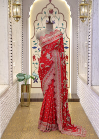 Gulzaar Red Zari & Mooti Heavy Scallop Border Saree with Unstitched Blouse