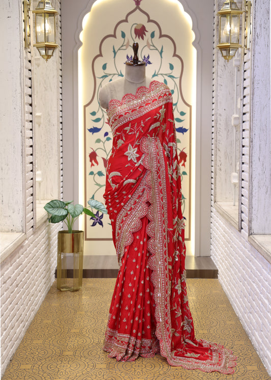 Gulzaar Red Zari & Mooti Heavy Scallop Border Saree with Unstitched Blouse