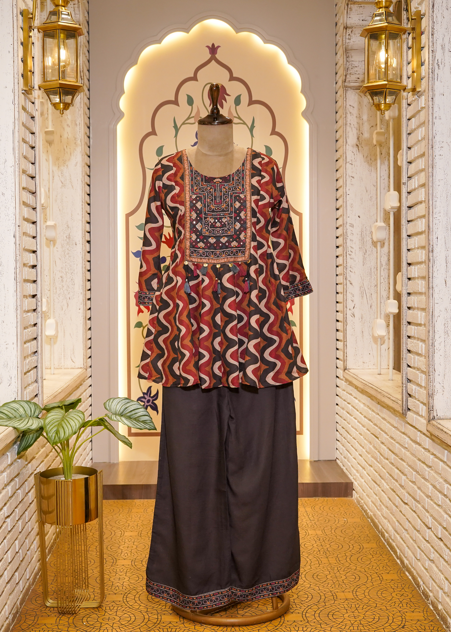 Brown & Red Printed Peplum with Pants Co-ord Set