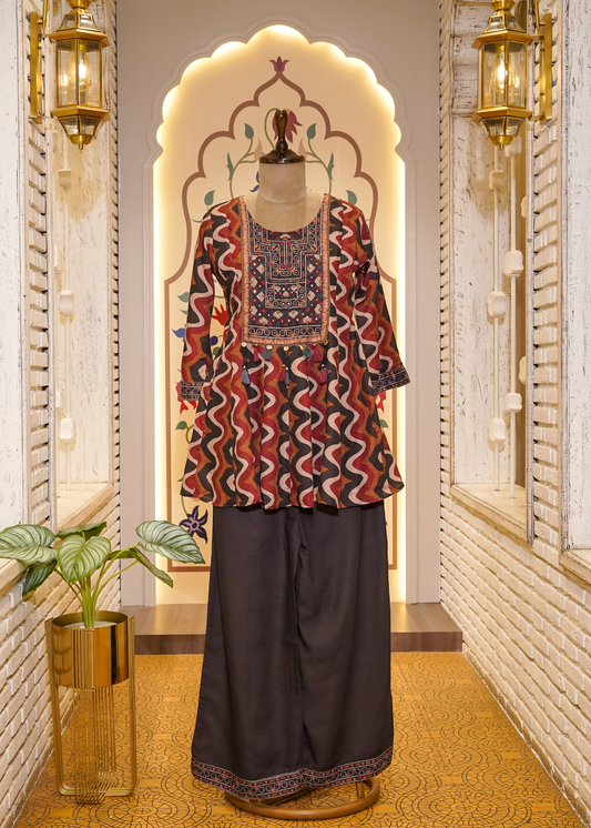 Brown & Red Printed Peplum with Pants Co-ord Set