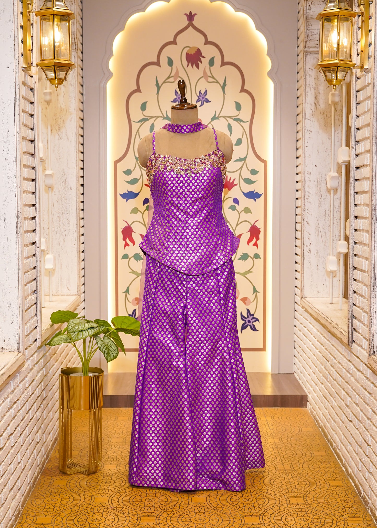 Bright Purple Silk Hand Embroidered Peplum & Plazo Set with Choker Dupatta