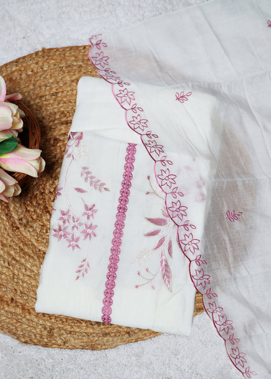 Pearl White & Pink Floral Unstitched Suit Set