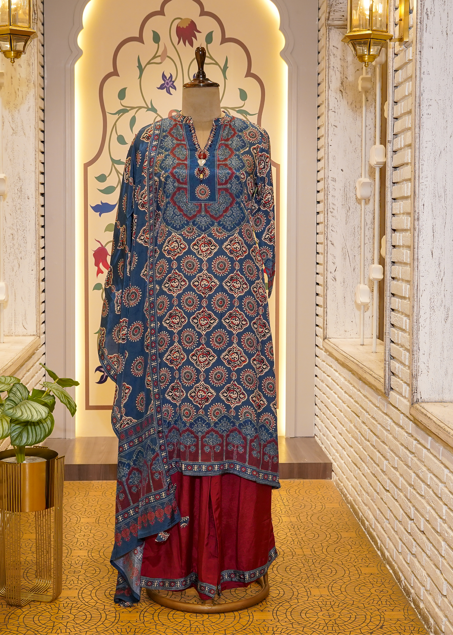 Blue & Red Ajrak Printed Muslin 3-Piece Kurti Set
