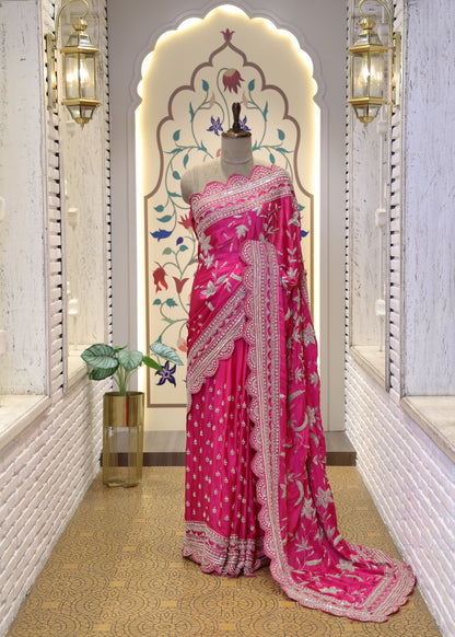 Gulzaar Pink Zari & Mooti Heavy Scallop Border Saree with Unstitched Blouse