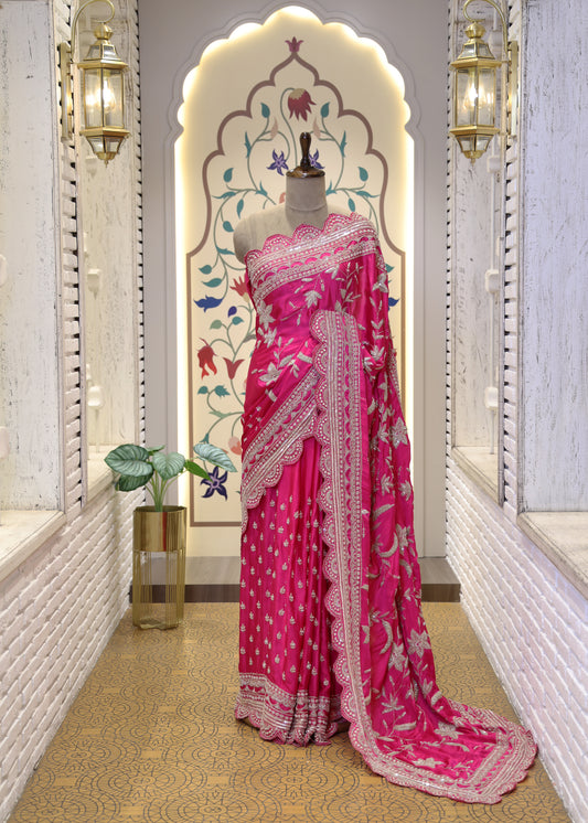 Gulzaar Pink Zari & Mooti Heavy Scallop Border Saree with Unstitched Blouse