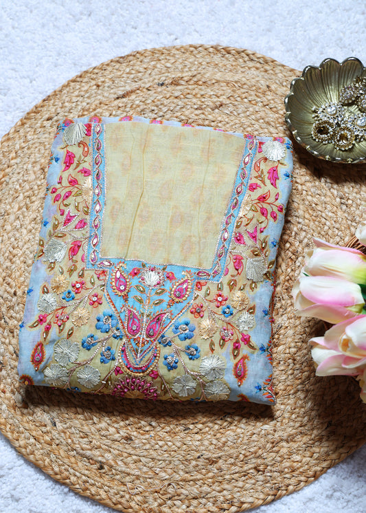 Yami Blue & Pink Paisley Unstitched Suit Set