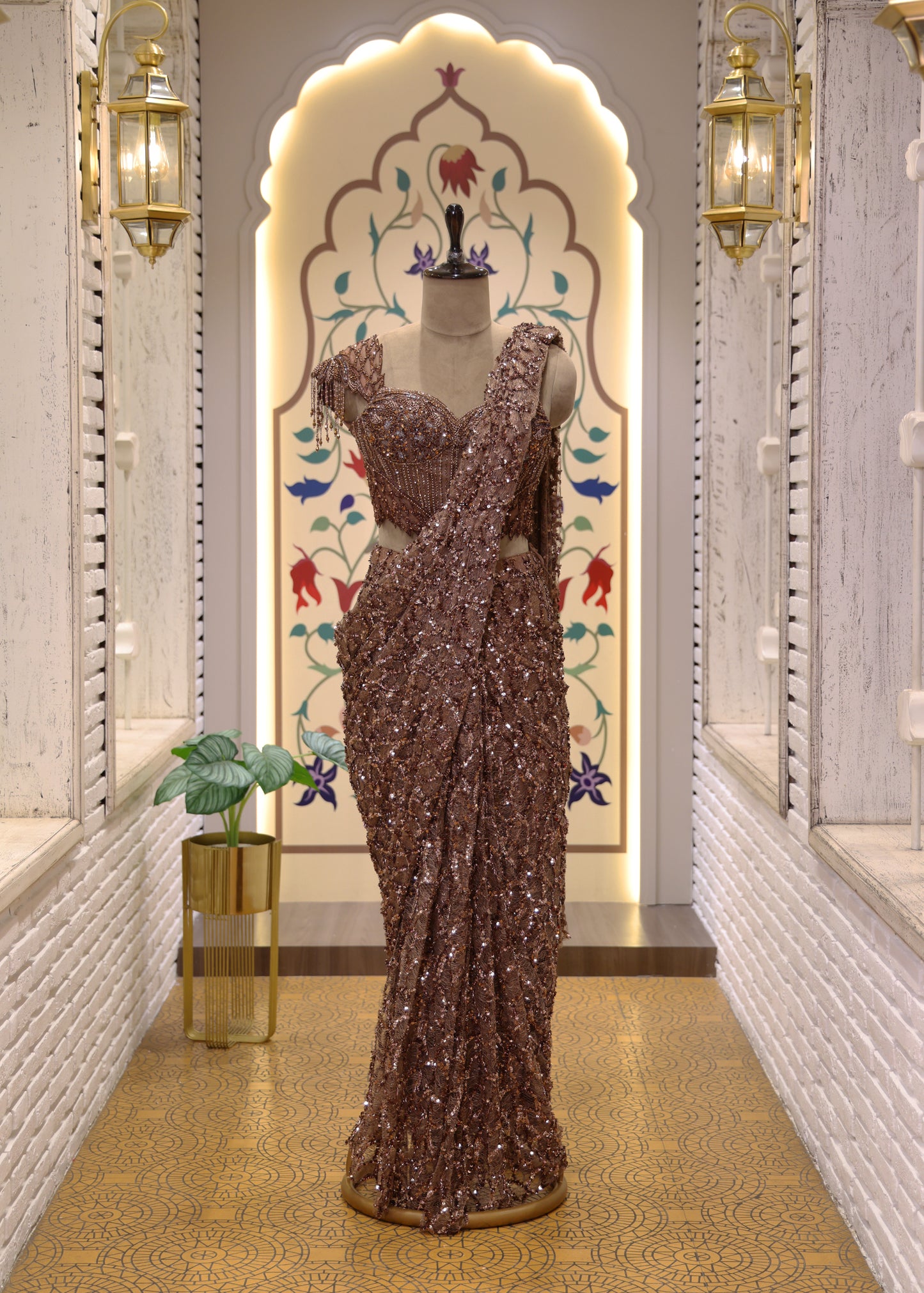 Mocha Brown Cocktail Pre Draped Saree