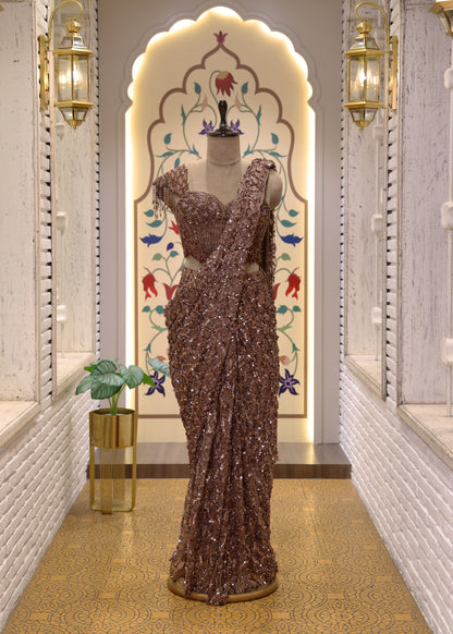 Mocha Brown Cocktail Pre Draped Saree