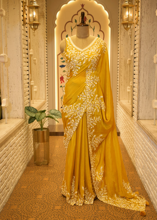 Mustard Chinon Thread Embroidered Saree with Stitched Blouse