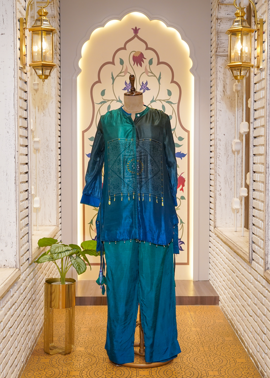 Blue Shaded Printed Silk Co-ord Set