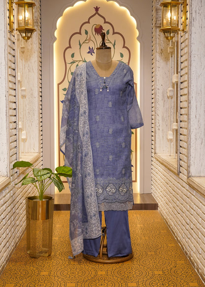 Blue Cotton Printed 3 pc Kurti set