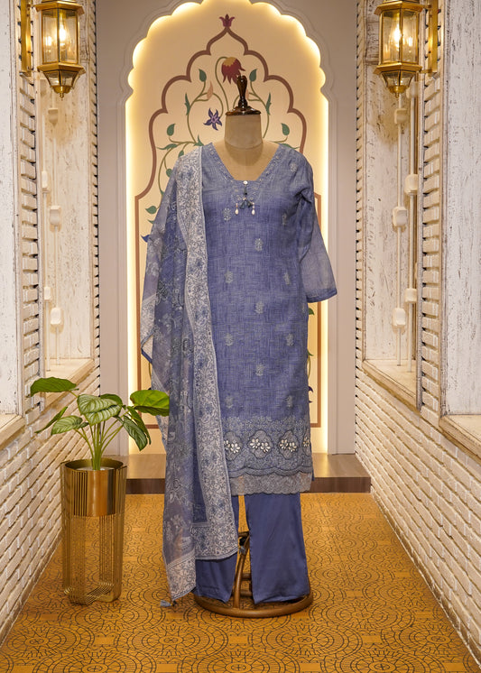 Blue Cotton Printed 3 pc Kurti set