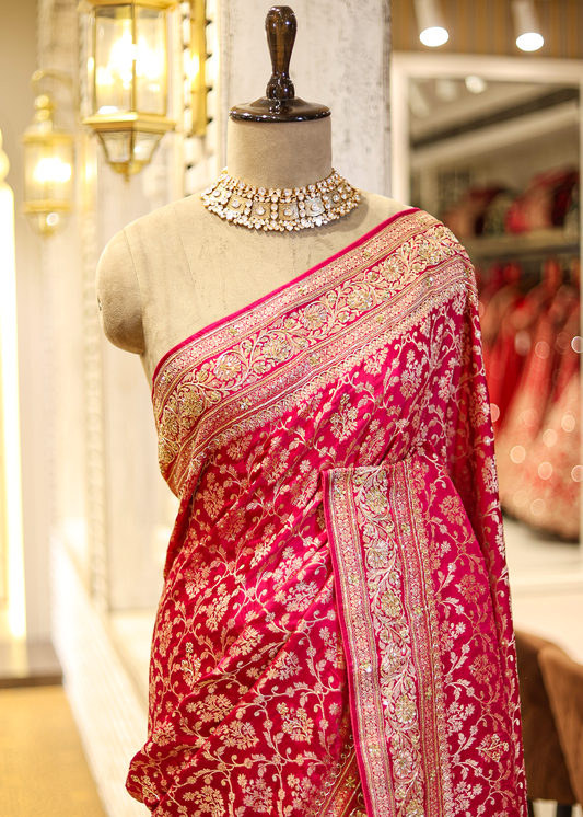 Nazini Rani Satin Silk Jaal Saree with Unstitched Blouse