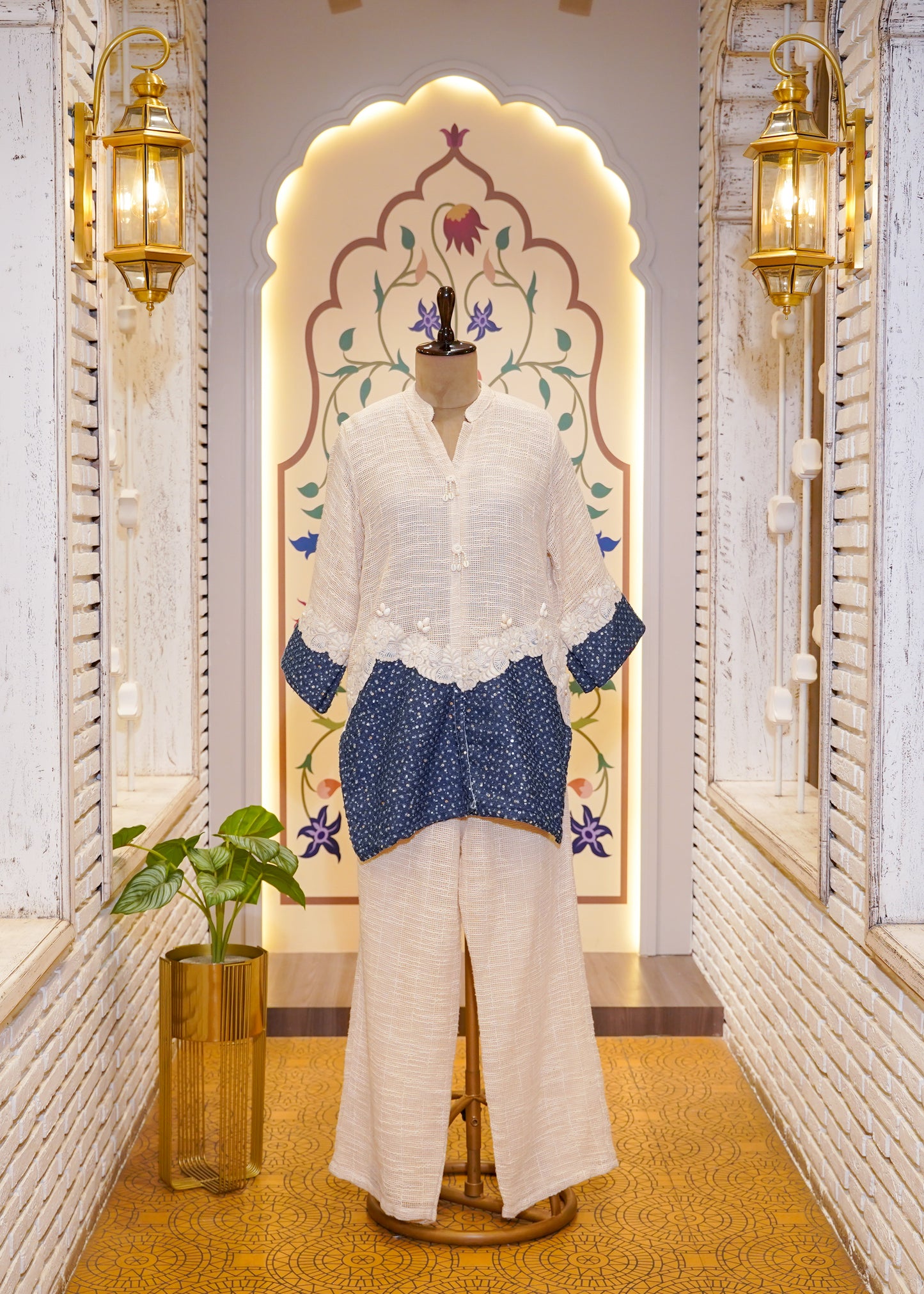 Ivory & Blue Cotton Jute Co-ord Set with Shells & Thread Embroidery