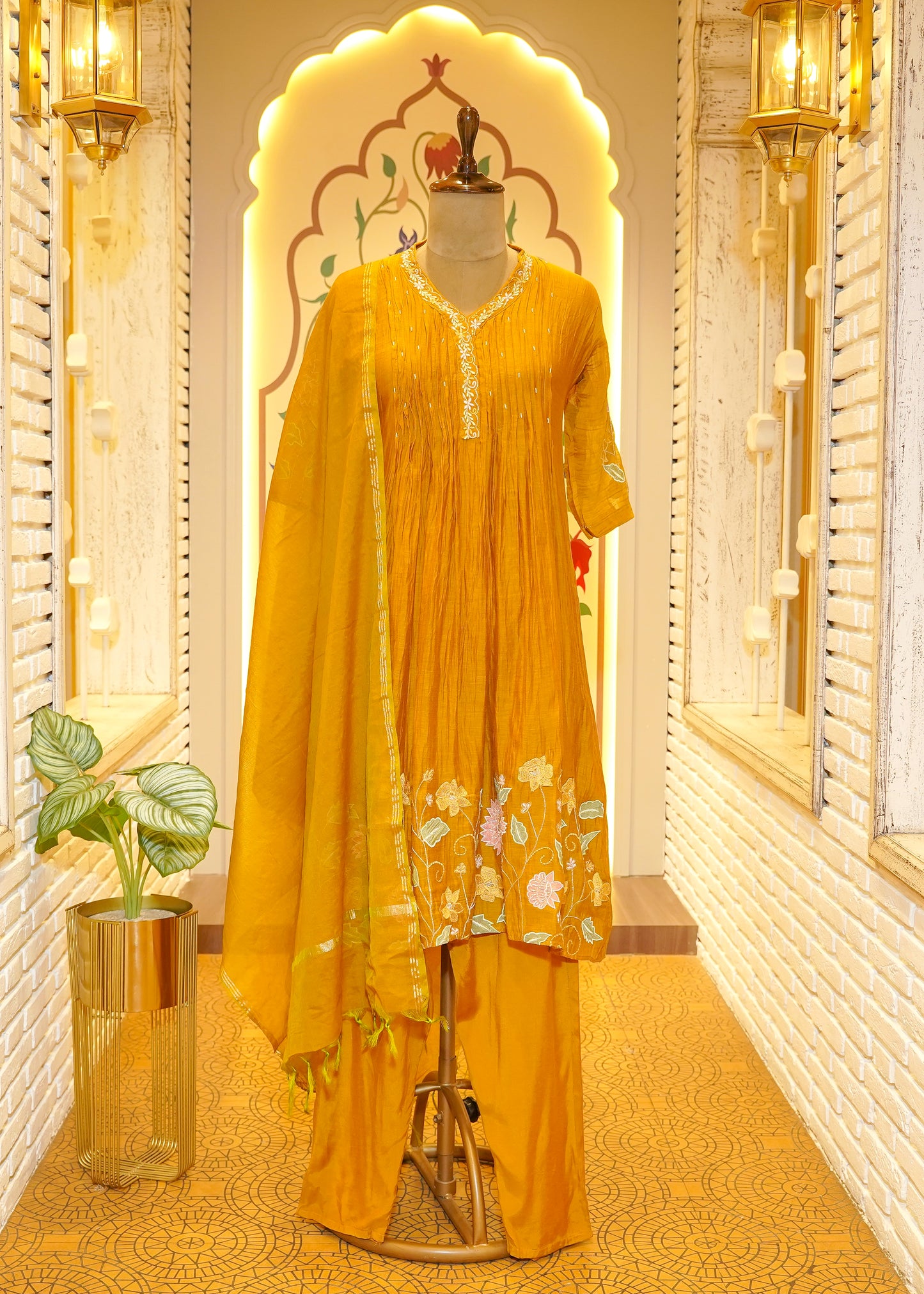 Swaati Mustard 3D flowers Stitched Suit Set