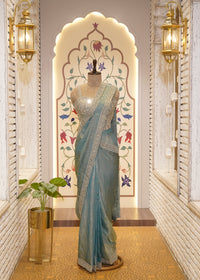 Dusty Blue Crush Tissue Drape Saree with Embroidered Blouse
