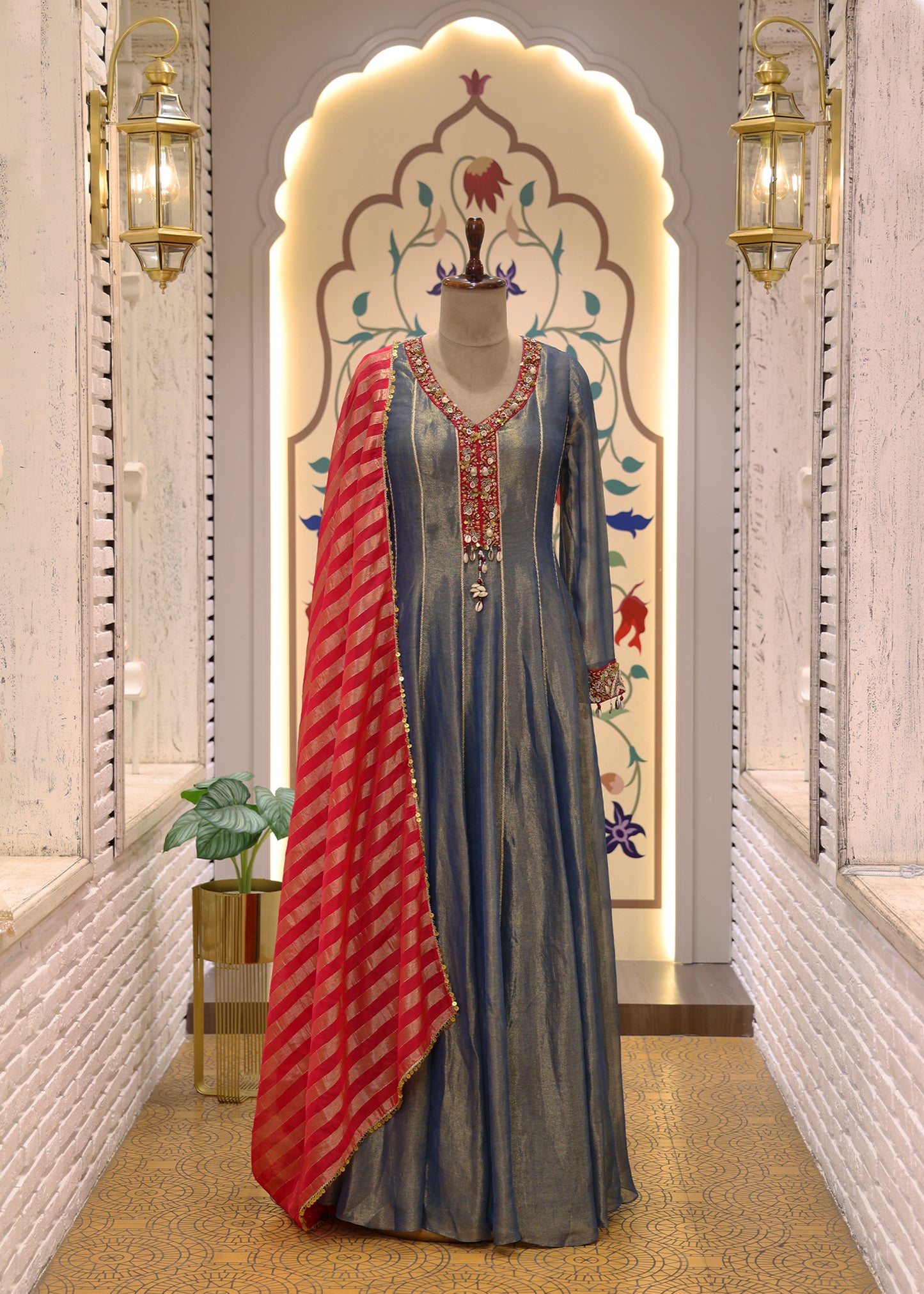 Blue & Red Anarkali Suit Set with Dupatta