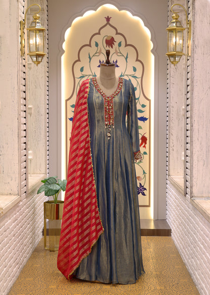 Blue & Red Anarkali Suit Set with Dupatta