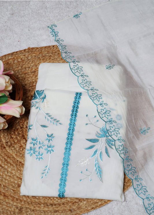 Pearl White & Blue Floral Unstitched Suit Set