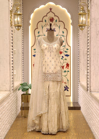 Moti Pearl Cream Short Kurti Sharara Set