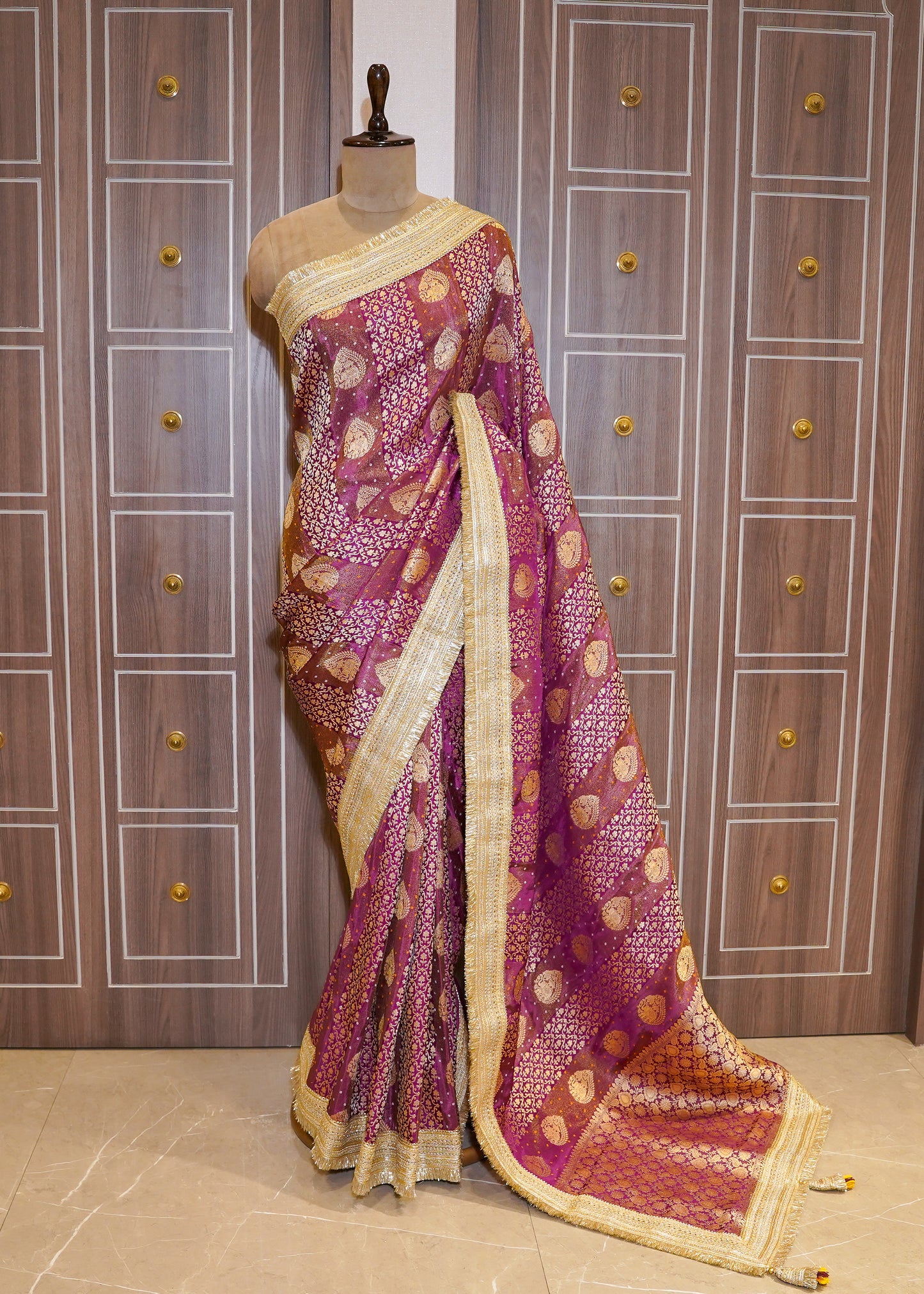 Wine Tissue Weaving Saree with Gota Lace and Unstitched Blouse