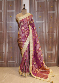 Wine Tissue Weaving Saree with Gota Lace and Unstitched Blouse